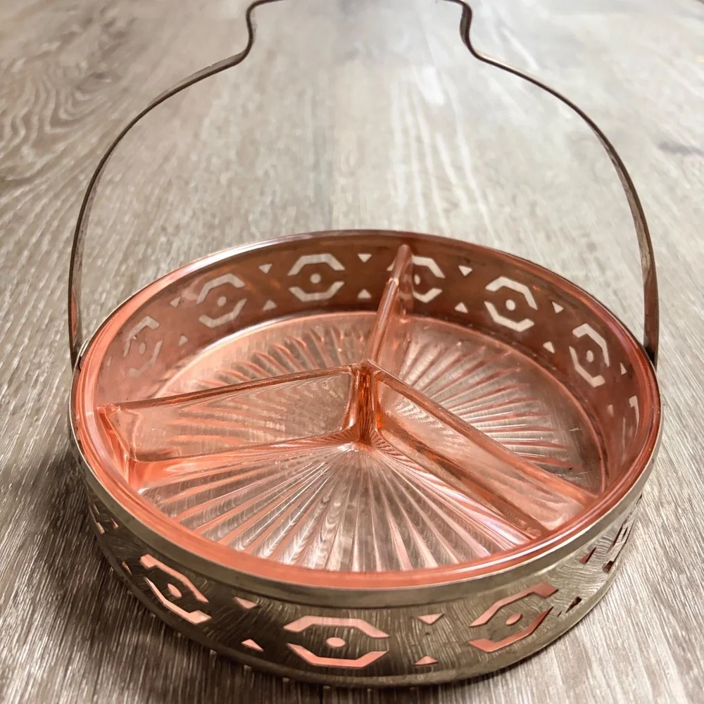 Vintage Pink Depression Glass 3 Part Divided Relish Dish Metal Carrier Handle